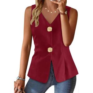 imageCicy Bell Womens Summer V Neck Vest Tops Button up Sleeveless Casual Waistcoat Business Fitted Blazer vestBurgundy