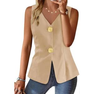 imageCicy Bell Womens Summer V Neck Vest Tops Button up Sleeveless Casual Waistcoat Business Fitted Blazer vestKhaki
