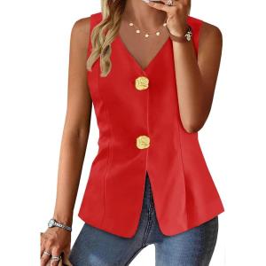 imageCicy Bell Womens Summer V Neck Vest Tops Button up Sleeveless Casual Waistcoat Business Fitted Blazer vestRed
