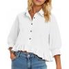 imageCicy Bell Womens Cropped Button Down Shirts 34 Length Sleeve Casual Cotton Blouses Loose Fit Ruffle Hem TopsWhite