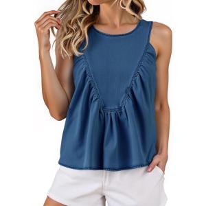 imageCicy Bell Womens Babydoll Peplum Denim Tank Tops Loose Fit Swing Flowy Shirred Sleeveless T Shirts Going Out Cute TeesNavy