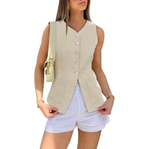 imageCicy Bell Womens Button Down Vest Tops Summer Fitted Sleeveless Tank Tops Dressy Casual Business WaistcoatLight Khaki