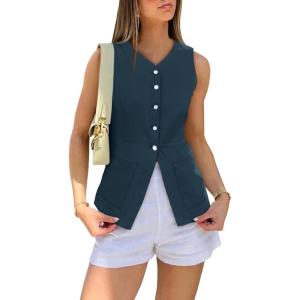 imageCicy Bell Womens Button Down Vest Tops Summer Fitted Sleeveless Tank Tops Dressy Casual Business WaistcoatNavy