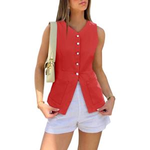 imageCicy Bell Womens Button Down Vest Tops Summer Fitted Sleeveless Tank Tops Dressy Casual Business WaistcoatRed