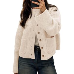 imageCicy Bell Womens Chunky Knit Cardigan Sweaters Button Down Mock Neck Open Front Jacket Winter Casual Outerwear with PocketsBeige
