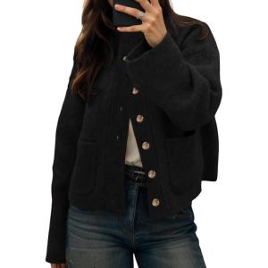 imageCicy Bell Womens Chunky Knit Cardigan Sweaters Button Down Mock Neck Open Front Jacket Winter Casual Outerwear with PocketsBlack