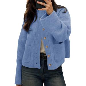 imageCicy Bell Womens Chunky Knit Cardigan Sweaters Button Down Mock Neck Open Front Jacket Winter Casual Outerwear with PocketsBlue