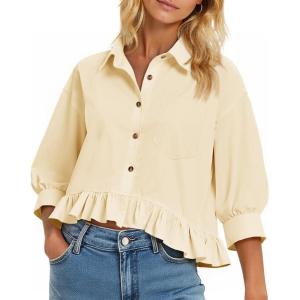 imageCicy Bell Womens Cropped Button Down Shirts 34 Length Sleeve Casual Cotton Blouses Loose Fit Ruffle Hem TopsBeige
