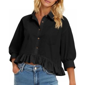 imageCicy Bell Womens Cropped Button Down Shirts 34 Length Sleeve Casual Cotton Blouses Loose Fit Ruffle Hem TopsBlack
