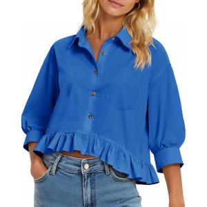 imageCicy Bell Womens Cropped Button Down Shirts 34 Length Sleeve Casual Cotton Blouses Loose Fit Ruffle Hem TopsRoyal Blue