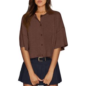 imageCicy Bell Womens Half Sleeve Cardigan Sweaters Cropped Button Down Tops Oversized Lightweight Ribbed Knit Summer OutfitsCoffee