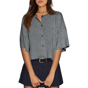 imageCicy Bell Womens Half Sleeve Cardigan Sweaters Cropped Button Down Tops Oversized Lightweight Ribbed Knit Summer OutfitsDark Grey