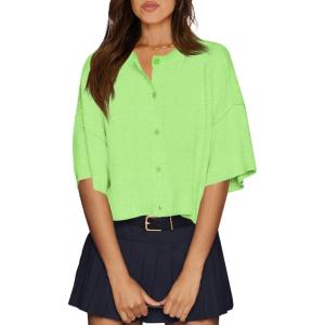 imageCicy Bell Womens Half Sleeve Cardigan Sweaters Cropped Button Down Tops Oversized Lightweight Ribbed Knit Summer OutfitsGreen