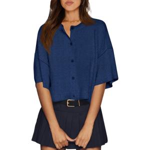 imageCicy Bell Womens Half Sleeve Cardigan Sweaters Cropped Button Down Tops Oversized Lightweight Ribbed Knit Summer OutfitsNavy Blue