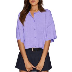 imageCicy Bell Womens Half Sleeve Cardigan Sweaters Cropped Button Down Tops Oversized Lightweight Ribbed Knit Summer OutfitsPurple