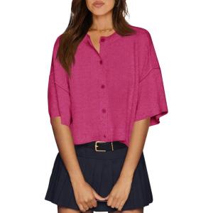 imageCicy Bell Womens Half Sleeve Cardigan Sweaters Cropped Button Down Tops Oversized Lightweight Ribbed Knit Summer OutfitsRose Red