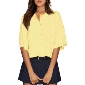 imageCicy Bell Womens Half Sleeve Cardigan Sweaters Cropped Button Down Tops Oversized Lightweight Ribbed Knit Summer OutfitsYellow