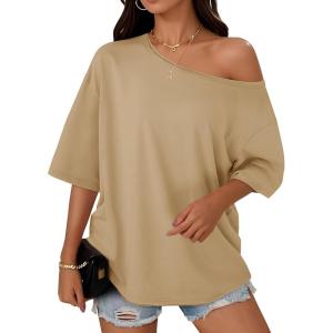 imageCicy Bell Womens Oversized Tshirts Off The Shoulder Cotton Half Sleeve T Shirts Summer Casual Loose Fit Tunic TopsKhaki