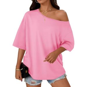 imageCicy Bell Womens Oversized Tshirts Off The Shoulder Cotton Half Sleeve T Shirts Summer Casual Loose Fit Tunic TopsPink