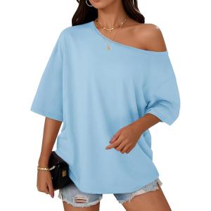 imageCicy Bell Womens Oversized Tshirts Off The Shoulder Cotton Half Sleeve T Shirts Summer Casual Loose Fit Tunic TopsSky Blue