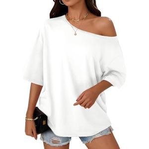 imageCicy Bell Womens Oversized Tshirts Off The Shoulder Cotton Half Sleeve T Shirts Summer Casual Loose Fit Tunic TopsWhite