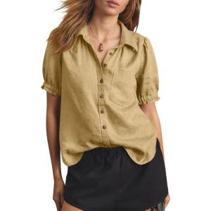 imageCicy Bell Womens Puff Short Sleeve Button Down Shirts Summer Casual Collared V Neck Blouse Linen Loose Fit Work TopsKhaki