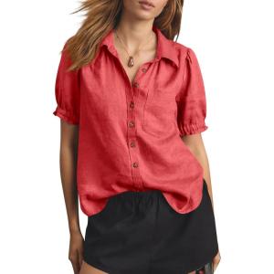 imageCicy Bell Womens Puff Short Sleeve Button Down Shirts Summer Casual Collared V Neck Blouse Linen Loose Fit Work TopsRed