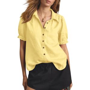 imageCicy Bell Womens Puff Short Sleeve Button Down Shirts Summer Casual Collared V Neck Blouse Linen Loose Fit Work TopsYellow