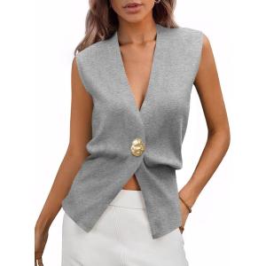imageCicy Bell Womens V Neck Sweater Vest Dressy Casual Knit Sleeveless Shirts Slim Fit Lightweight Button TopsGrey