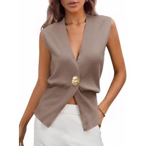 imageCicy Bell Womens V Neck Sweater Vest Dressy Casual Knit Sleeveless Shirts Slim Fit Lightweight Button TopsKhaki