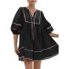 imageCicy Bell Womens Babydoll Mini Dresses 34 Puff Sleeve V Neck Dress Casual Loose Fit Patchwork Pleated Swing Vacation OutfitsBlack