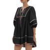 imageCicy Bell Womens Babydoll Mini Dresses 34 Puff Sleeve V Neck Dress Casual Loose Fit Patchwork Pleated Swing Vacation OutfitsBlack