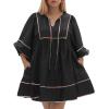 imageCicy Bell Womens Babydoll Mini Dresses 34 Puff Sleeve V Neck Dress Casual Loose Fit Patchwork Pleated Swing Vacation OutfitsBlack