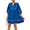 imageCicy Bell Womens Babydoll Mini Dresses 34 Puff Sleeve V Neck Dress Casual Loose Fit Patchwork Pleated Swing Vacation OutfitsBlue
