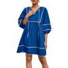 imageCicy Bell Womens Babydoll Mini Dresses 34 Puff Sleeve V Neck Dress Casual Loose Fit Patchwork Pleated Swing Vacation OutfitsBlue
