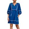 imageCicy Bell Womens Babydoll Mini Dresses 34 Puff Sleeve V Neck Dress Casual Loose Fit Patchwork Pleated Swing Vacation OutfitsBlue