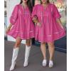 imageCicy Bell Womens Babydoll Mini Dresses 34 Puff Sleeve V Neck Dress Casual Loose Fit Patchwork Pleated Swing Vacation OutfitsBright Pink