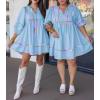 imageCicy Bell Womens Babydoll Mini Dresses 34 Puff Sleeve V Neck Dress Casual Loose Fit Patchwork Pleated Swing Vacation OutfitsLight Blue