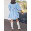 imageCicy Bell Womens Babydoll Mini Dresses 34 Puff Sleeve V Neck Dress Casual Loose Fit Patchwork Pleated Swing Vacation OutfitsLight Blue