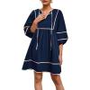 imageCicy Bell Womens Babydoll Mini Dresses 34 Puff Sleeve V Neck Dress Casual Loose Fit Patchwork Pleated Swing Vacation OutfitsNavy