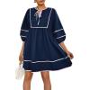 imageCicy Bell Womens Babydoll Mini Dresses 34 Puff Sleeve V Neck Dress Casual Loose Fit Patchwork Pleated Swing Vacation OutfitsNavy