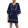imageCicy Bell Womens Babydoll Mini Dresses 34 Puff Sleeve V Neck Dress Casual Loose Fit Patchwork Pleated Swing Vacation OutfitsNavy