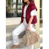 imageCicy Bell Womens Fall Oversized Vest Cropped Button Down Cap Sleeve Lapel Collar Jackets Casual Drawstring OuterwearBurgundy