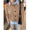 imageCicy Bell Womens Faux Suede Leather Jackets Trendy Casual Cropped Outerwear Button Down Collarless Short Bomber ShacketsCamel