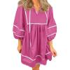 imageCicy Bell Womens Babydoll Mini Dresses 34 Puff Sleeve V Neck Dress Casual Loose Fit Patchwork Pleated Swing Vacation OutfitsBright Pink