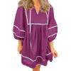 imageCicy Bell Womens Babydoll Mini Dresses 34 Puff Sleeve V Neck Dress Casual Loose Fit Patchwork Pleated Swing Vacation OutfitsFuchsia