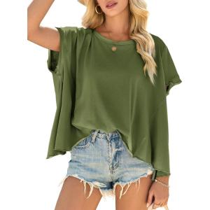 imageCicy Bell Women Oversized Batwing Short Sleeve Tops Summer Irregular Hem Casual T Shirts Loose Fit TeesArmy Green
