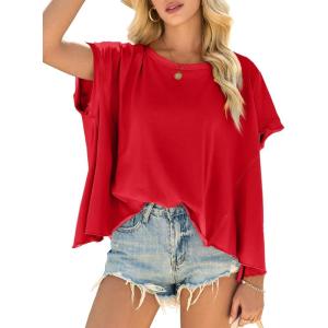 imageCicy Bell Women Oversized Batwing Short Sleeve Tops Summer Irregular Hem Casual T Shirts Loose Fit TeesRed