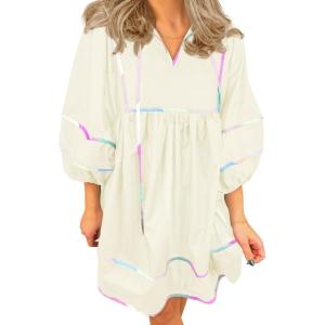 imageCicy Bell Womens Babydoll Mini Dresses 34 Puff Sleeve V Neck Dress Casual Loose Fit Patchwork Pleated Swing Vacation OutfitsBeige