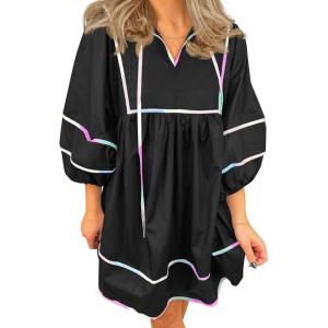 imageCicy Bell Womens Babydoll Mini Dresses 34 Puff Sleeve V Neck Dress Casual Loose Fit Patchwork Pleated Swing Vacation OutfitsBlack